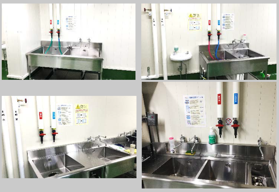 1Fの食品加工施設三箇所と2Fのレストラン厨房に衛生管理のため電解水を供給します。